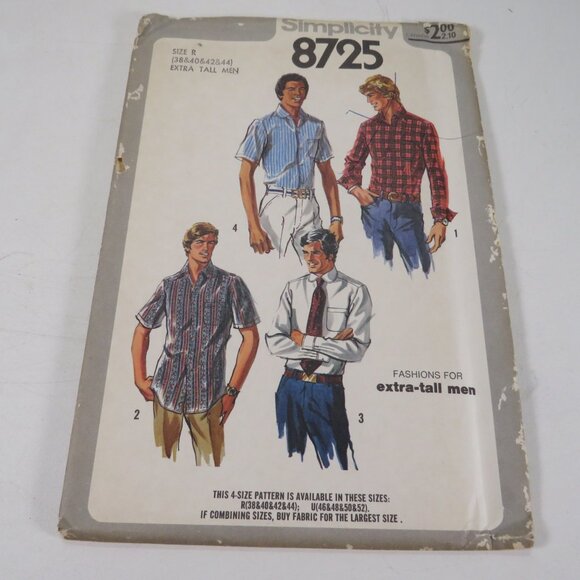 Simplicity 8725 Clothing Pattern Extra Tall Mens 38-44 Shirt UNCUT - Picture 1 of 11
